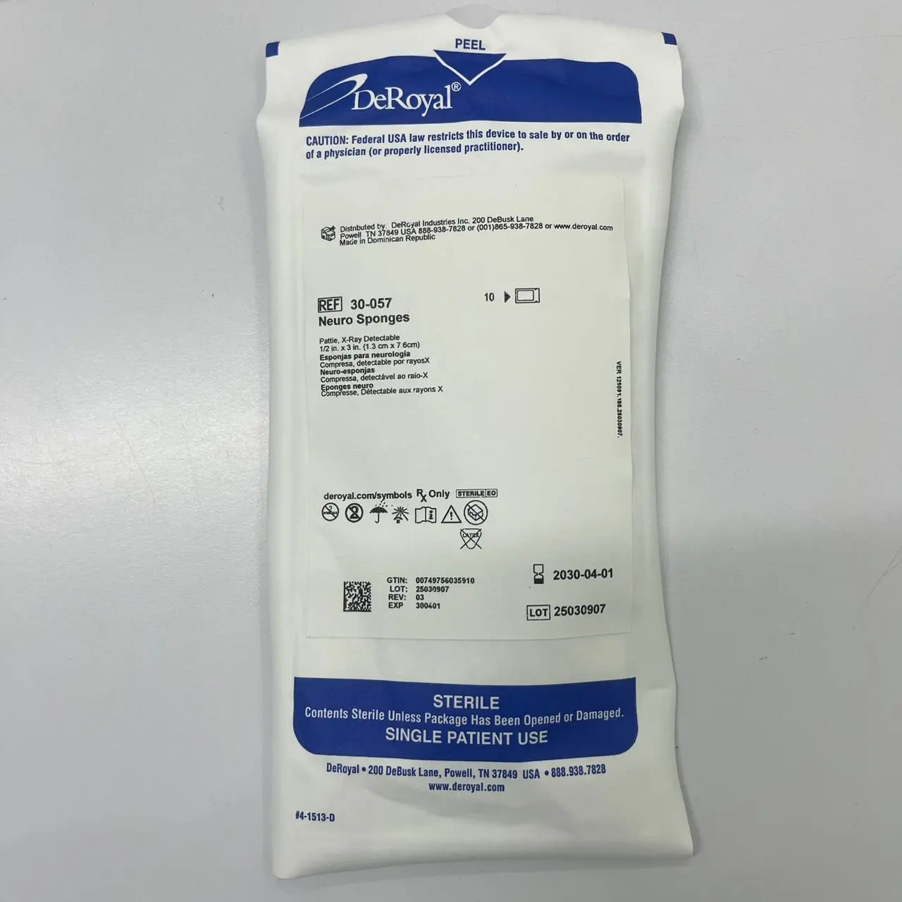 30-057     neuro sponge 1/2” x  3”